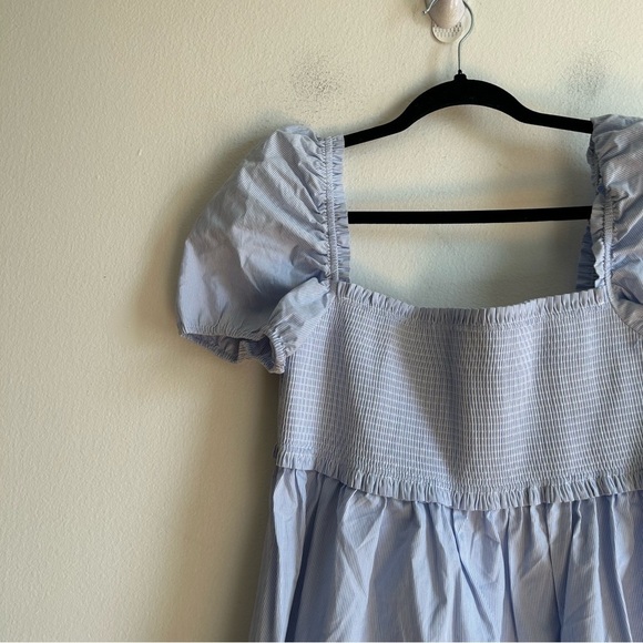 Aritzia Sunday Best Sz L Hadley Blue Striped Coastal Puff Sleeves Mini Dress - Picture 3 of 11